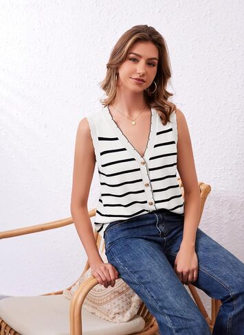HVT Vest Tops for Women V Neck Striped Sweater Vests 2025 Summer Vacation Button Up Outfits Spring Tops in Saudi Arabia