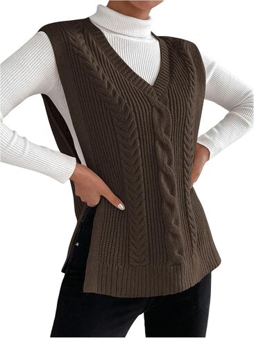 Verdusa Women's Split Hem V Neck Sleeveless Knit Pullover Sweater Vest in Saudi Arabia