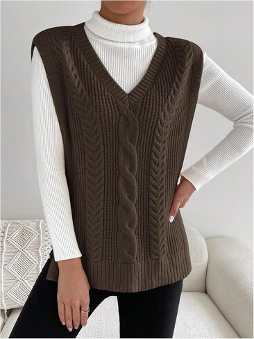 Verdusa Women's Split Hem V Neck Sleeveless Knit Pullover Sweater Vest in Saudi Arabia