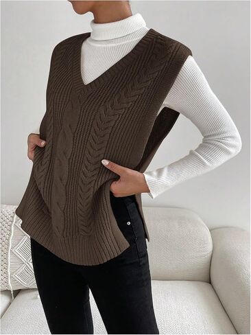 Verdusa Women's Split Hem V Neck Sleeveless Knit Pullover Sweater Vest in Saudi Arabia