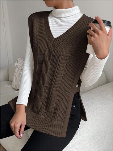 Verdusa Women's Split Hem V Neck Sleeveless Knit Pullover Sweater Vest in Saudi Arabia