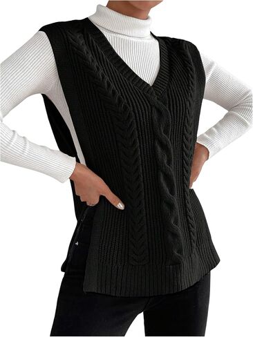 Verdusa Women's Split Hem V Neck Sleeveless Knit Pullover Sweater Vest in Saudi Arabia