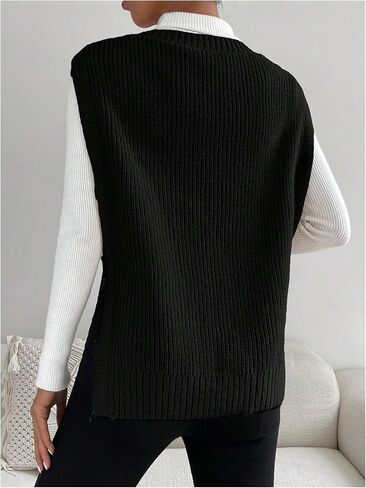 Verdusa Women's Split Hem V Neck Sleeveless Knit Pullover Sweater Vest in Saudi Arabia