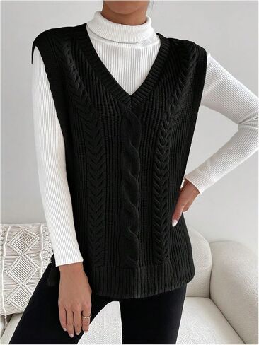 Verdusa Women's Split Hem V Neck Sleeveless Knit Pullover Sweater Vest in Saudi Arabia