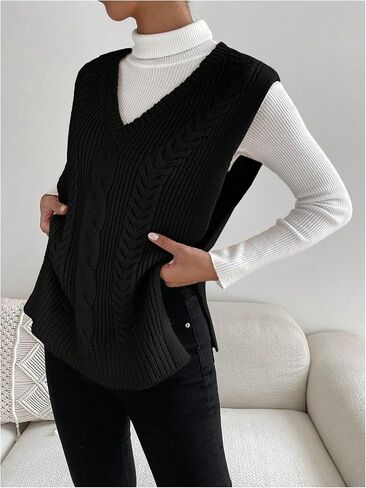 Verdusa Women's Split Hem V Neck Sleeveless Knit Pullover Sweater Vest in Saudi Arabia