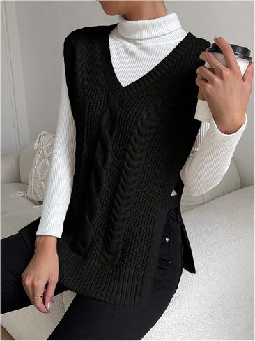 Verdusa Women's Split Hem V Neck Sleeveless Knit Pullover Sweater Vest in Saudi Arabia