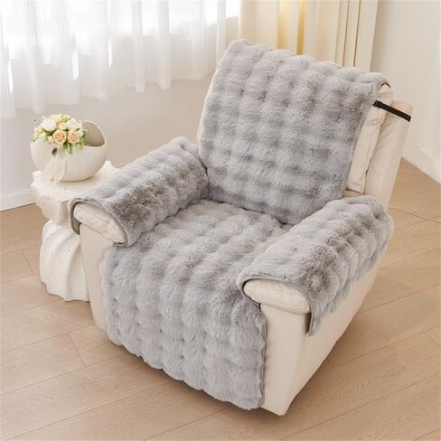 Plush Recliner Slipcover Home Faux Fur Fluffy Recliner Chair Slipcover Non Slip Back Fuzzy Fluffy Reclining Couch Cover Soft Comfort Sofa Slipcover Washable Furniture Protector (Light Gray) in Saudi Arabia