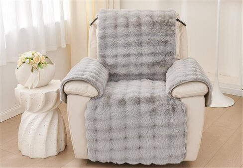 Plush Recliner Slipcover Home Faux Fur Fluffy Recliner Chair Slipcover Non Slip Back Fuzzy Fluffy Reclining Couch Cover Soft Comfort Sofa Slipcover Washable Furniture Protector (Light Gray) in Saudi Arabia