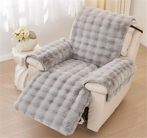 Plush Recliner Slipcover Home Faux Fur Fluffy Recliner Chair Slipcover Non Slip Back Fuzzy Fluffy Reclining Couch Cover Soft Comfort Sofa Slipcover Washable Furniture Protector (Light Gray) in Saudi Arabia