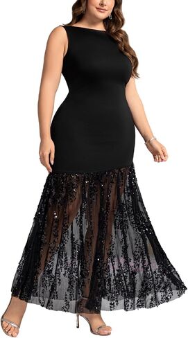 Plus Size Wedding Guest Dress Summer Sleeveless Cocktail Formal Gown Sequin Sheer Mesh Embellished Mermaid Maxi Dress in Kuwait