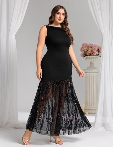 Plus Size Wedding Guest Dress Summer Sleeveless Cocktail Formal Gown Sequin Sheer Mesh Embellished Mermaid Maxi Dress in Kuwait