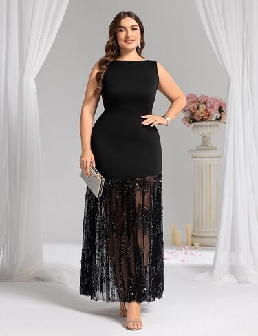 Plus Size Wedding Guest Dress Summer Sleeveless Cocktail Formal Gown Sequin Sheer Mesh Embellished Mermaid Maxi Dress in Kuwait