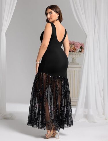 Plus Size Wedding Guest Dress Summer Sleeveless Cocktail Formal Gown Sequin Sheer Mesh Embellished Mermaid Maxi Dress in Kuwait