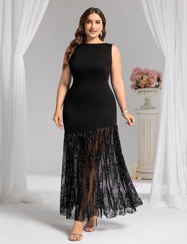 Plus Size Wedding Guest Dress Summer Sleeveless Cocktail Formal Gown Sequin Sheer Mesh Embellished Mermaid Maxi Dress in Kuwait