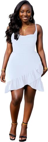 Womens Sexy Sleeveless Bodycon Mini Dress 2024 Summer Casual Straps Short Ruffle Dresses Beach Party Club Homecoming in Kuwait