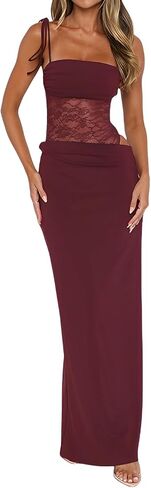 Women's Lace Splicing Cutout Maxi Dress Square Neck Sleeveless Bodycon Long Dress with Sheer Corset in Saudi Arabia