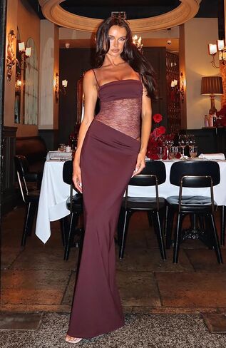 Women's Lace Splicing Cutout Maxi Dress Square Neck Sleeveless Bodycon Long Dress with Sheer Corset in Saudi Arabia