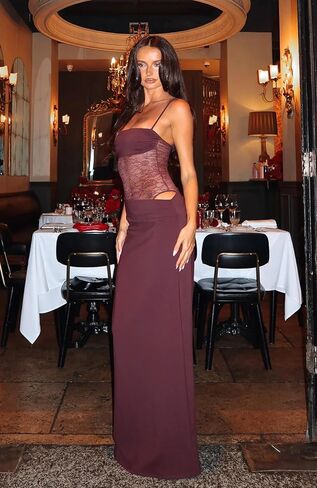 Women's Lace Splicing Cutout Maxi Dress Square Neck Sleeveless Bodycon Long Dress with Sheer Corset in Saudi Arabia