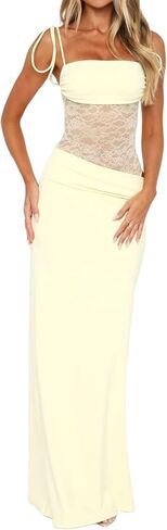 Women's Lace Splicing Cutout Maxi Dress Square Neck Sleeveless Bodycon Long Dress with Sheer Corset in Saudi Arabia