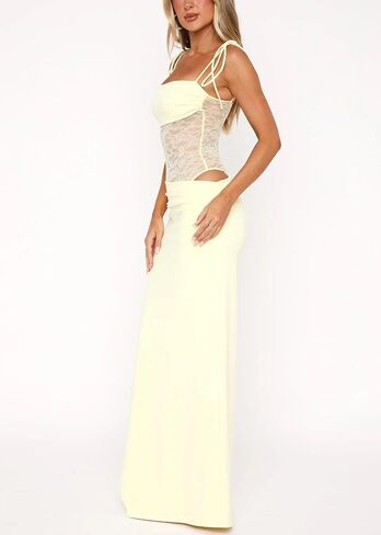 Women's Lace Splicing Cutout Maxi Dress Square Neck Sleeveless Bodycon Long Dress with Sheer Corset in Saudi Arabia