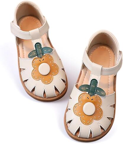 Toddler Girl Sandals with Flower, ‌Breathable Leather kids Closed Toe Sandals, Soft Rubber Non-Slip Summer Shoes for Little Girls 2-7 Years in Kuwait