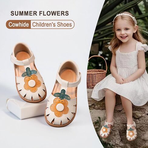 Toddler Girl Sandals with Flower, ‌Breathable Leather kids Closed Toe Sandals, Soft Rubber Non-Slip Summer Shoes for Little Girls 2-7 Years in Kuwait