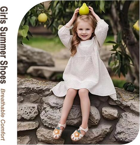 Toddler Girl Sandals with Flower, ‌Breathable Leather kids Closed Toe Sandals, Soft Rubber Non-Slip Summer Shoes for Little Girls 2-7 Years in Kuwait