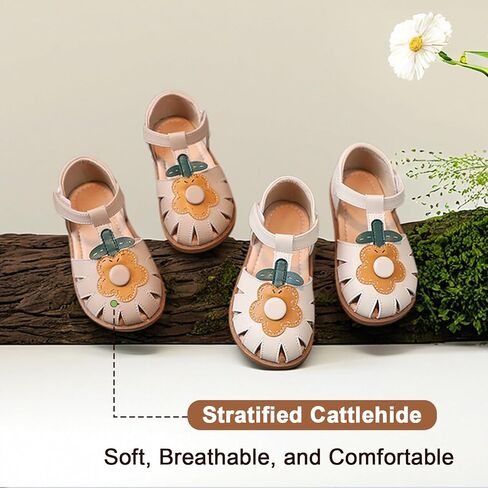 Toddler Girl Sandals with Flower, ‌Breathable Leather kids Closed Toe Sandals, Soft Rubber Non-Slip Summer Shoes for Little Girls 2-7 Years in Kuwait