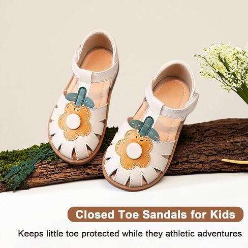Toddler Girl Sandals with Flower, ‌Breathable Leather kids Closed Toe Sandals, Soft Rubber Non-Slip Summer Shoes for Little Girls 2-7 Years in Kuwait