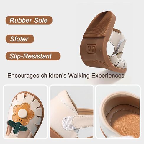 Toddler Girl Sandals with Flower, ‌Breathable Leather kids Closed Toe Sandals, Soft Rubber Non-Slip Summer Shoes for Little Girls 2-7 Years in Kuwait