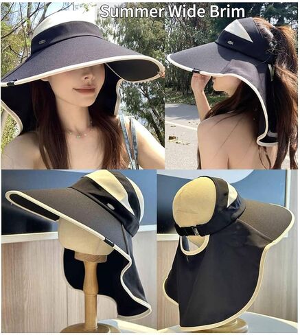 Women Sun Visor Hat Neck Coverage Flap Ponytail Hole Wide Brim Summer UV 50+ Protection Beach Packable Roll Up in Saudi Arabia