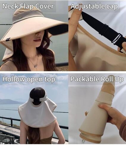 Women Sun Visor Hat Neck Coverage Flap Ponytail Hole Wide Brim Summer UV 50+ Protection Beach Packable Roll Up in Saudi Arabia