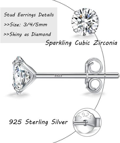 MASOP VOGU 3-5mm Sterling Silver Stud Earrings Set 14K White Gold Plated Hypoallergenic Tiny Round Cut CZ Cubic Zirconia Simulated Diamond Cartilage Studs for Women Men in Saudi Arabia