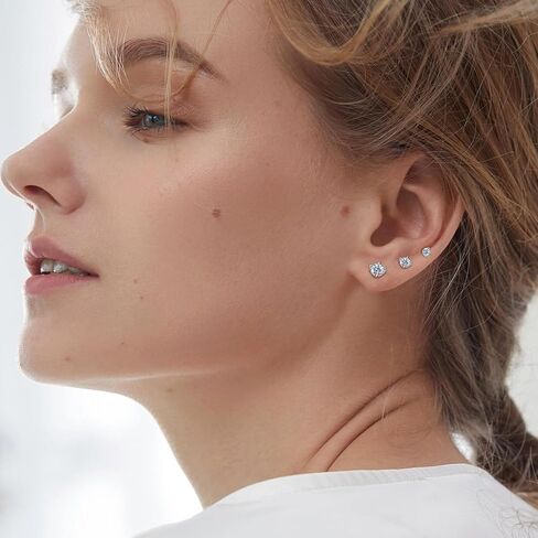 MASOP VOGU 3-5mm Sterling Silver Stud Earrings Set 14K White Gold Plated Hypoallergenic Tiny Round Cut CZ Cubic Zirconia Simulated Diamond Cartilage Studs for Women Men in Saudi Arabia