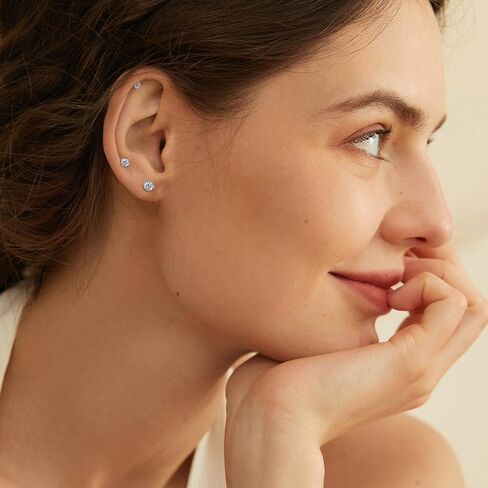 MASOP VOGU 3-5mm Sterling Silver Stud Earrings Set 14K White Gold Plated Hypoallergenic Tiny Round Cut CZ Cubic Zirconia Simulated Diamond Cartilage Studs for Women Men in Saudi Arabia