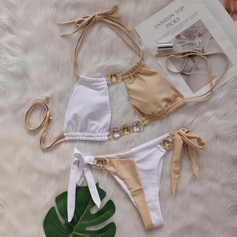 YIMISAN Women's Color Block Triangle Bikini Swimsuit Sexy Crystal Shinny Rhinestone SwimwearTwo Piece Bathing Suits in Saudi Arabia