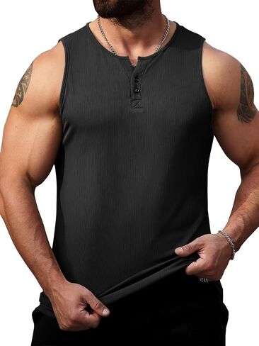Runcati Mens Workout Tank Tops Summer Gym Muscle Ribbed Sleeveless Henley Shirt Casual Knitted Slim Fit Beach Tee in Saudi Arabia