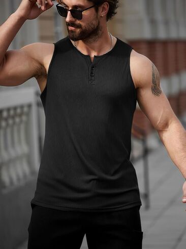 Runcati Mens Workout Tank Tops Summer Gym Muscle Ribbed Sleeveless Henley Shirt Casual Knitted Slim Fit Beach Tee in Saudi Arabia