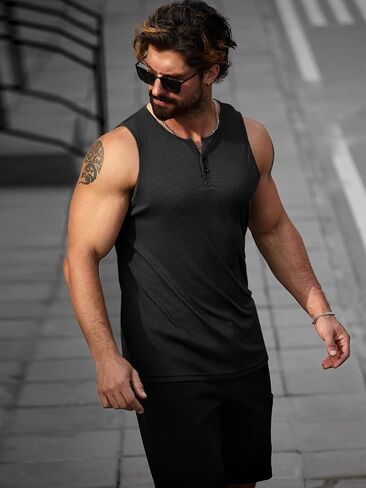 Runcati Mens Workout Tank Tops Summer Gym Muscle Ribbed Sleeveless Henley Shirt Casual Knitted Slim Fit Beach Tee in Saudi Arabia