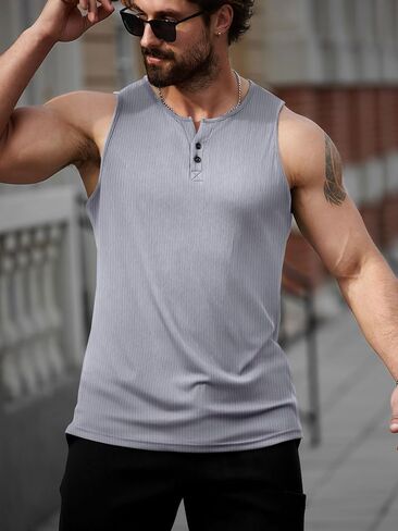 Runcati Mens Workout Tank Tops Summer Gym Muscle Ribbed Sleeveless Henley Shirt Casual Knitted Slim Fit Beach Tee in Saudi Arabia