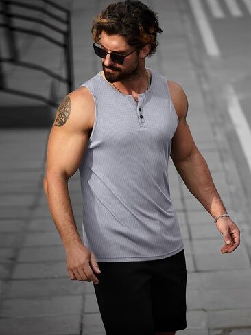 Runcati Mens Workout Tank Tops Summer Gym Muscle Ribbed Sleeveless Henley Shirt Casual Knitted Slim Fit Beach Tee in Saudi Arabia