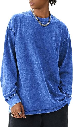 COZYPOIN Men's Acid Wash Tshirts Shirts Oversized Vintage Long Sleeve Pullover Crewneck Sweatshirt in Saudi Arabia