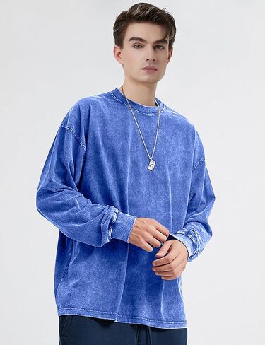 COZYPOIN Men's Acid Wash Tshirts Shirts Oversized Vintage Long Sleeve Pullover Crewneck Sweatshirt in Saudi Arabia
