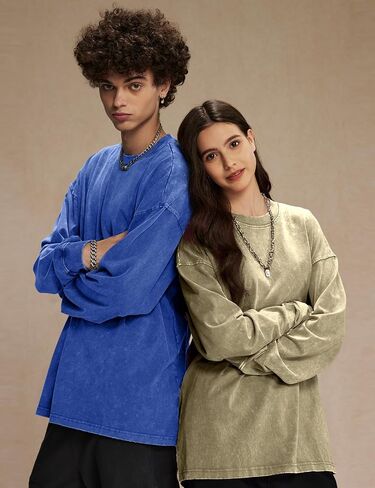 COZYPOIN Men's Acid Wash Tshirts Shirts Oversized Vintage Long Sleeve Pullover Crewneck Sweatshirt in Saudi Arabia
