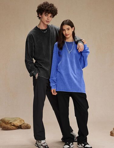 COZYPOIN Men's Acid Wash Tshirts Shirts Oversized Vintage Long Sleeve Pullover Crewneck Sweatshirt in Saudi Arabia