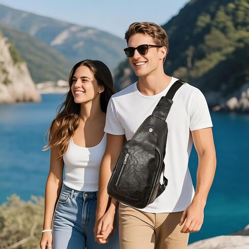 Anti-theft Sling Crossbody Bag for Women&Men,Trendy Shoulder Bag with Zipper,Vegan Leather Lightweight Travel Purse (Black) in Kuwait