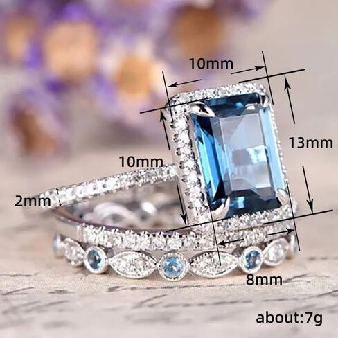 Mnyixsi Platinum Plated 925 Sterling Silver Sapphire Engagement Wedding Ring Set AAAAA Cz 925 Sterling Silver 3pcs Square Shape White Blue Gemstone Rings Set Size 8 in Saudi Arabia