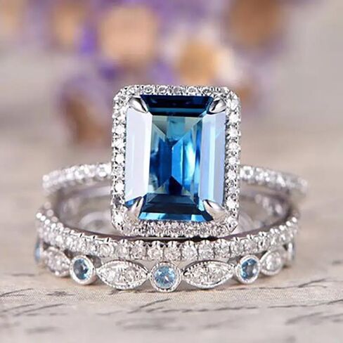 Mnyixsi Platinum Plated 925 Sterling Silver Sapphire Engagement Wedding Ring Set AAAAA Cz 925 Sterling Silver 3pcs Square Shape White Blue Gemstone Rings Set Size 8 in Saudi Arabia