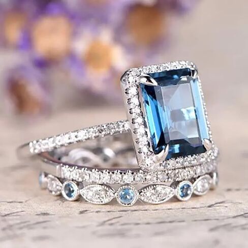 Mnyixsi Platinum Plated 925 Sterling Silver Sapphire Engagement Wedding Ring Set AAAAA Cz 925 Sterling Silver 3pcs Square Shape White Blue Gemstone Rings Set Size 8 in Saudi Arabia