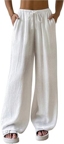 Women's Elastic Drawstring Waist Wide Leg Pants Loose Fit Sheer Cover Up Beach Pants Lounge with Pocket in Saudi Arabia